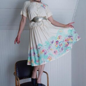 Vintage hand painted ivory silk skirt set